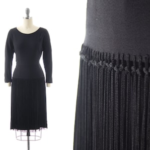 Vintage 1940s Dress | 40s Fringe Tassels Black Rayon Long Sleeve Sheath Wiggle Evening Party Dress (small)