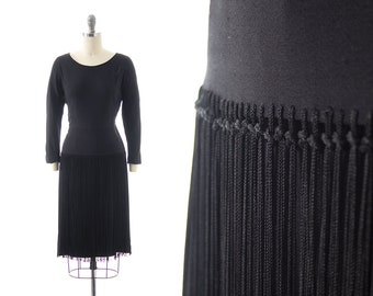 Vintage 1940s Dress | 40s Fringe Tassels Black Rayon Long Sleeve Sheath Wiggle Evening Party Dress (small)