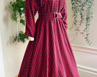 Vintage 1990s Shirt Dress | 90s Plaid Flannel Shirtwaist Fall Winter Warm Midi Holiday Dress | X-Small/Small