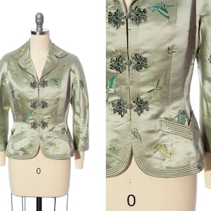 Vintage 1950s Jacket 50s Silk Satin Jacquard Butterfly Bug Novelty Print Tailored Sage Green Holiday Party Blazer x-small/small image 1