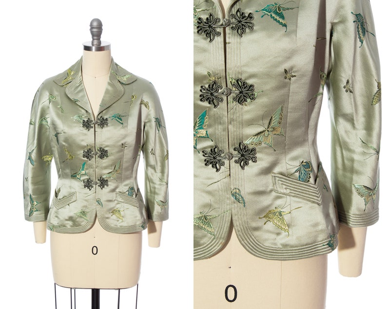 Vintage 1950s Jacket 50s Silk Satin Jacquard Butterfly Bug Novelty Print Tailored Sage Green Holiday Party Blazer x-small/small image 1
