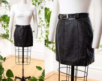 Vintage Y2K Skirt | 2000s WILSONS Black Leather High Waist Belted Mini Skirt | small