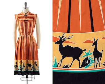 75 DRESS SALE /// Vintage 1980s Sundress | 80s Novelty Border Print African Safari Animals Cotton Striped Orange Day Dress (x-small/small)