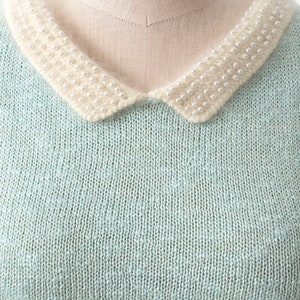 Vintage 1980s Sweater 80s Pearl Beaded Collar Angora Knit Blend Light Blue Fuzzy Cozy Top small/medium image 5