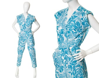 Vintage 1980s Jumpsuit | 80s Hawaiian Tropical Leaves Floral Printed Cotton Blue Pants Romper with Pockets (x-small/small)