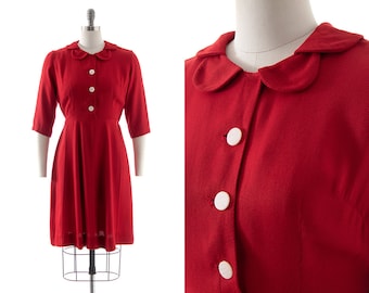 Vintage 1960s Shirtwaist Dress | 60s Red Cotton Button Up Three Quarter Sleeve Peter Pan Collar Solid Color Day Dress (medium)