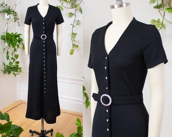 Vintage tröjklänning från 1970-talet | Svart stickad maxiklänning med strass och knappar från 70-talet | x-small/small