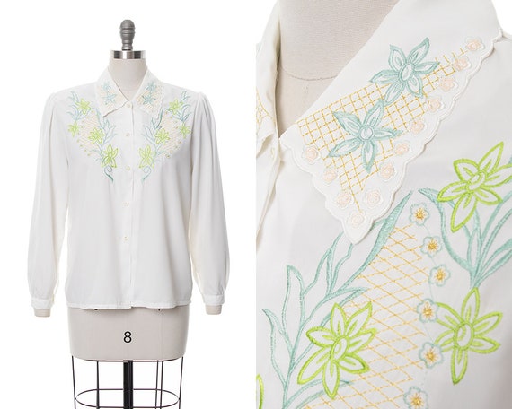 Vintage 1980s Blouse | 80s Metallic Floral Embroidered White Long Sleeve Button Up Top (medium)