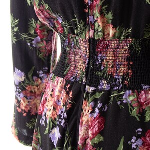 Vintage 1980s Dress 80s Dark Black Floral Printed Rayon Long Sleeve Full Skirt Midi Dress with Pockets medium/large image 9