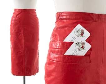 Vintage kokerrok uit de jaren 80 | Jaren '80 TANNERY WEST rood lederen hoog getailleerde rok met zakken (x-small)