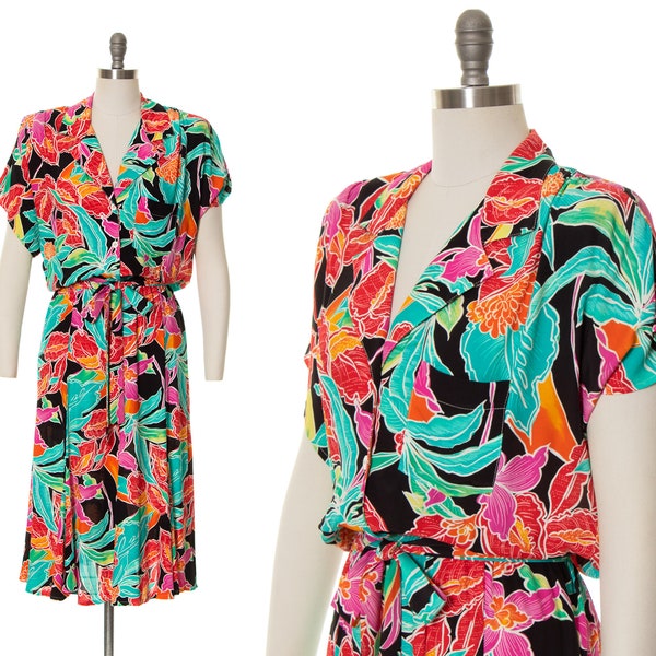 Vintage 1980er Jahre Kleid | 80er Jahre CAROLE LITTLE Saint-Tropez West Tropical Floral Print Cold Rayon Hawaii Sommer Shirtwaist Midi Kleid (xs/s)