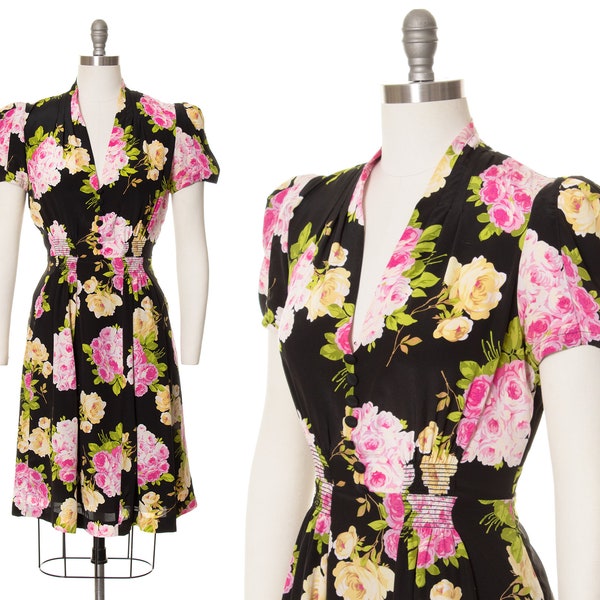 Vintage Y2K Dress | 2000s BETSEY JOHNSON Silk Rose Floral Printed Black Pink 1930s Style Day Dress (medium)