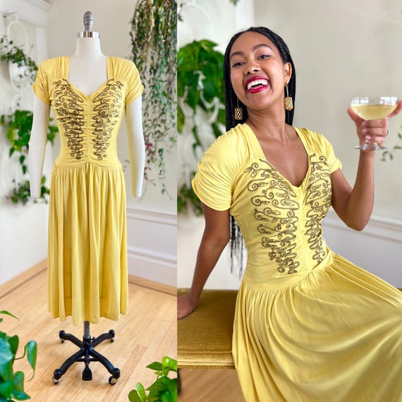 1940s gold dress 1940s Emerald and Gold Lam Gown
