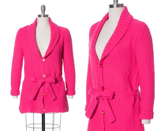 Vintage 1970s Sweater Coat | 70s Hot Pink Knit Acrylic Belted Cozy Jacket (small/medium)