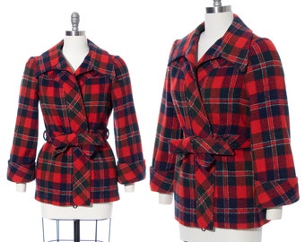 Vintage 1940s Jacket | 40s Plaid Tartan Wool Red Belted Wrap Coat (x-small/small)
