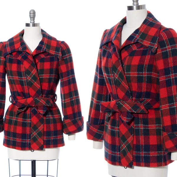 Vintage 1940s Jacket | 40s Plaid Tartan Wool Red Belted Wrap Coat (x-small/small)