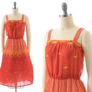 75 DRESS SALE /// Vintage 1980s Sundress 80s Poppy Floral Printed Orange Pleated Skirt Fit and Flare Day Dress xs/small image 1