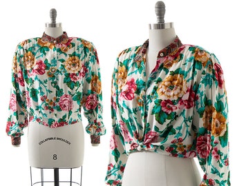 Vintage 1980s Blouse | 80s CAROLE LITTLE Floral Printed White Rayon Romantic Button Up Long Sleeve Blousy Top (medium/large)