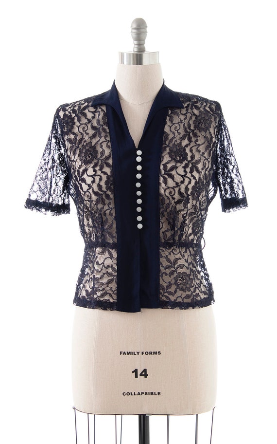 Vintage 1940s Blouse | 40s Navy Blue Sheer Lace R… - image 2