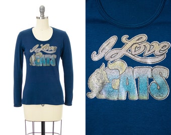 Vintage 1970s Tee | 70s "I Love Cats" Iron-On Novelty Print Graphic Shirt Blue Long Sleeve Top (x-small)