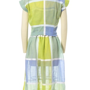 Vintage 1950s Sundress Set 50s Color Block Windowpane Plaid Sheer Cotton Voile Lime Green Blue Day Dress & Bolero Outfit small image 6