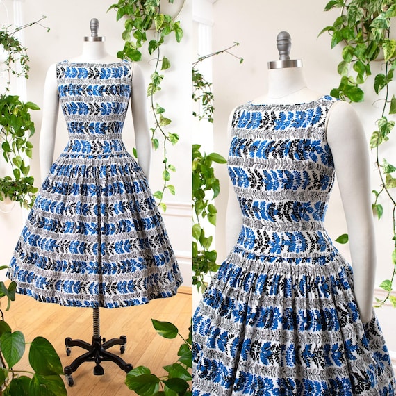 Vintage 1950s Sundress | 50s Fern Leaves Striped Print Cotton Drop Waist Fit and Flare Blue Black Summer Day Dress | medium