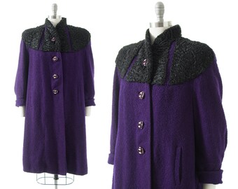 Vintage 1940s Coat | 40s Royal Purple Bouclé Wool Black Persian Lamb Fur Trim Swing Overcoat (large)