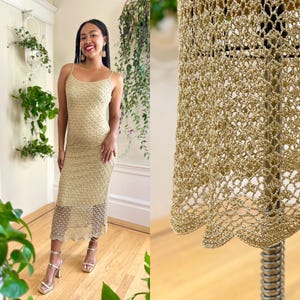 Vintage Y2K Party Dress | 2000s CACHE Metallic Gold Sheer Crochet Spaghetti Strap Maxi Slip Dress | x-small/small