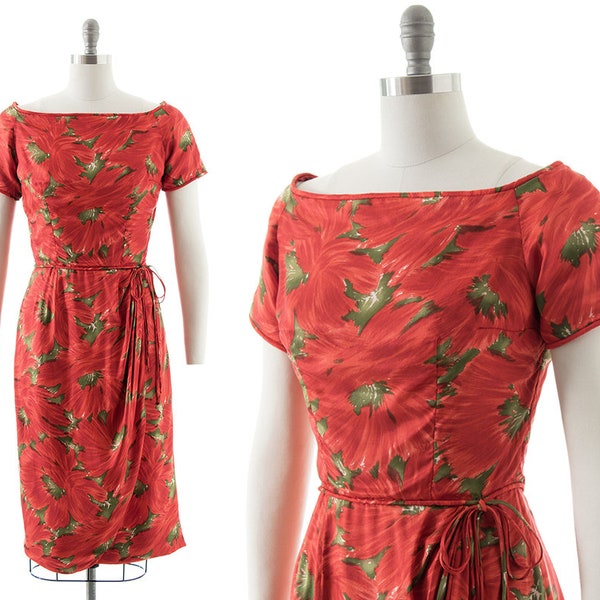 Vintage 1950s Cocktail Dress | 50s Silk Floral Printed Sarong Skirt Sheath Wiggle Party Dress (small)