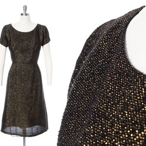 Vintage 1960s Party Dress | 60s Metallic Gold Lurex with Black Wiggle Sheath Sparkly Holiday Cocktail Dress (medium)