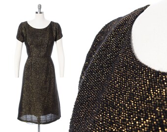 Vintage 1960s Party Dress | 60s Metallic Gold Lurex with Black Wiggle Sheath Sparkly Holiday Cocktail Dress (medium)