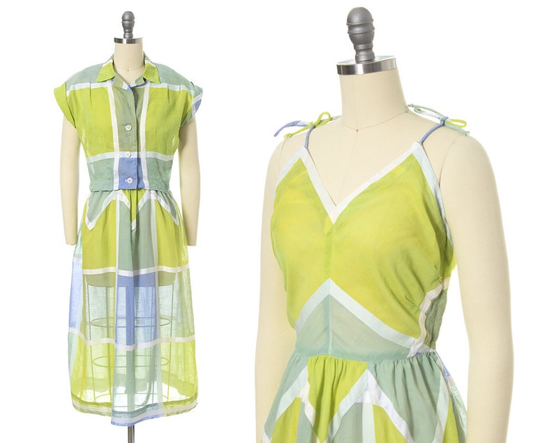 Vintage 1950s Sundress Set 50s Color Block Windowpane Plaid Sheer Cotton Voile Lime Green Blue Day Dress & Bolero Outfit small image 1
