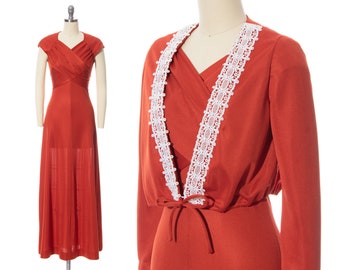 Vintage 1970s Dress Set | 70s Burnt Orange Rust Polyester Jersey Maxi Dress Matching Bolero Two Piece Outfit (x-small)