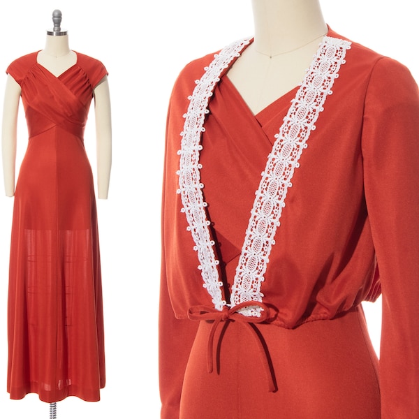 Vintage 1970s Dress Set | 70s Burnt Orange Rust Polyester Jersey Maxi Dress Matching Bolero Two Piece Outfit (x-small)