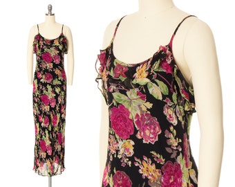 Vestido lencero vintage de los años 2000 / Vestido de fiesta largo hasta el suelo con tirantes finos de gasa de rayón negro con estampado floral oscuro Y2K (extra pequeño/pequeño)