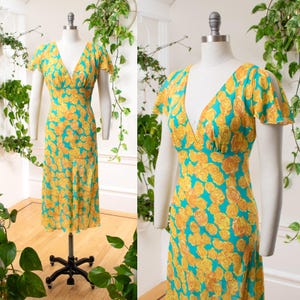 Vintage Y2K-jurk uit de jaren 90 | BETSEY JOHNSON Jaren 90 Jaren 2000 Gele Roos Bloemenprint Chiffon Bias Cut Cocktaildagjurk | klein/middelgroot