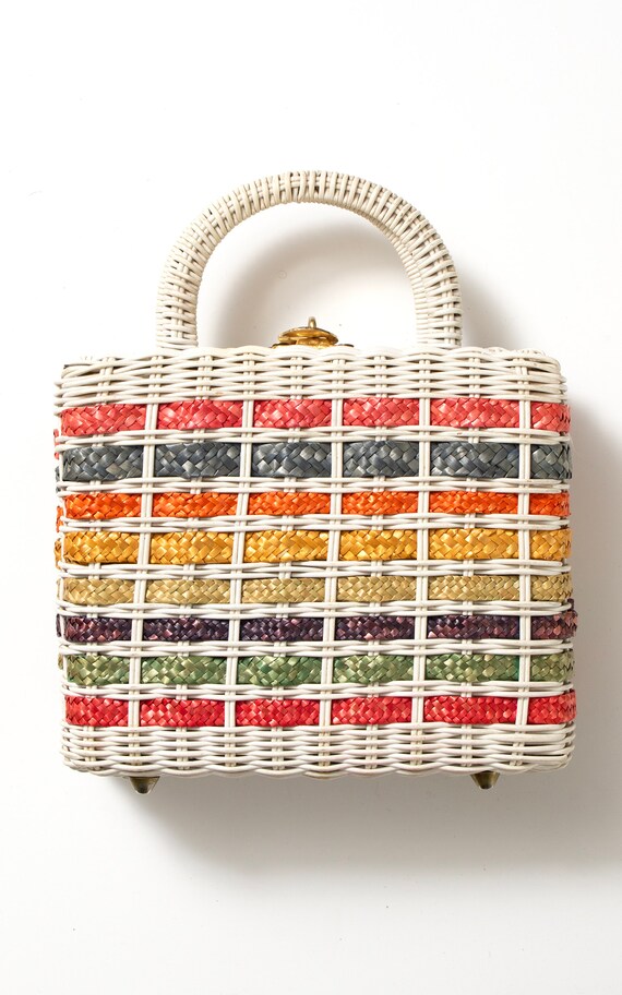 Vintage 1960s Box Purse | 60s Rainbow Striped Whi… - image 6