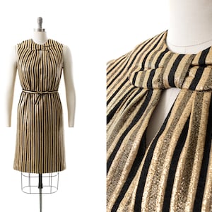 Vintage 1960s Dress 60s Striped Metallic Gold Black Keyhole Belted Shift Sleeveless Evening Holiday Party Dress small image 1