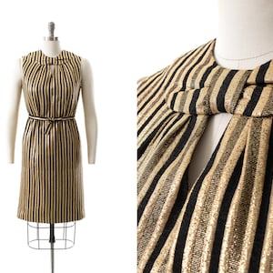 Vintage 1960s Dress | 60s Striped Metallic Gold Black Keyhole Belted Shift Sleeveless Evening Holiday Party Dress (small)