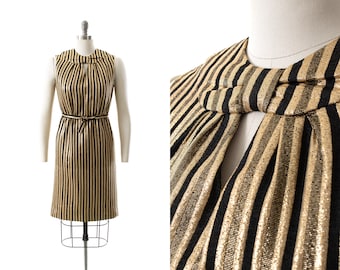 Vintage 1960s Dress | 60s Striped Metallic Gold Black Keyhole Belted Shift Sleeveless Evening Holiday Party Dress (small)