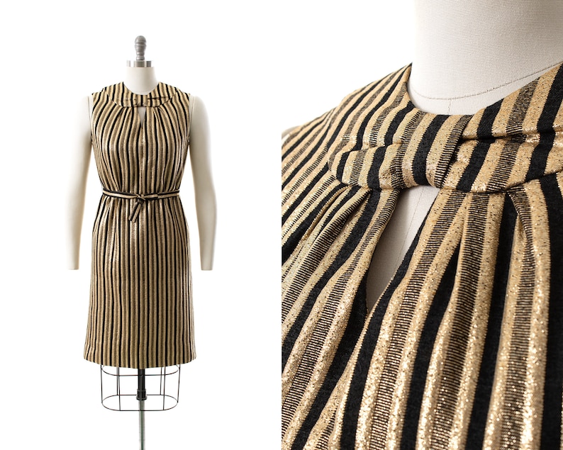 Vintage 1960s Dress 60s Striped Metallic Gold Black Keyhole Belted Shift Sleeveless Evening Holiday Party Dress small image 1