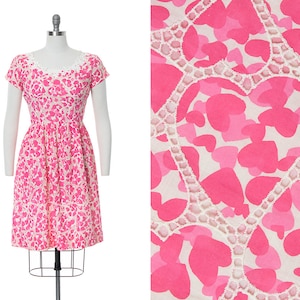 Vintage 1950s Dress | 50s Hearts Novelty Print Cotton Cutwork Lace Pink White Valentines Fit and Flare Day Dress (small)