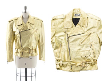 Vintage 1980s Motorcycle Jacket | 80s Metallic Gold Leather Cropped Belted Biker Moto Jacket (large/x-large)