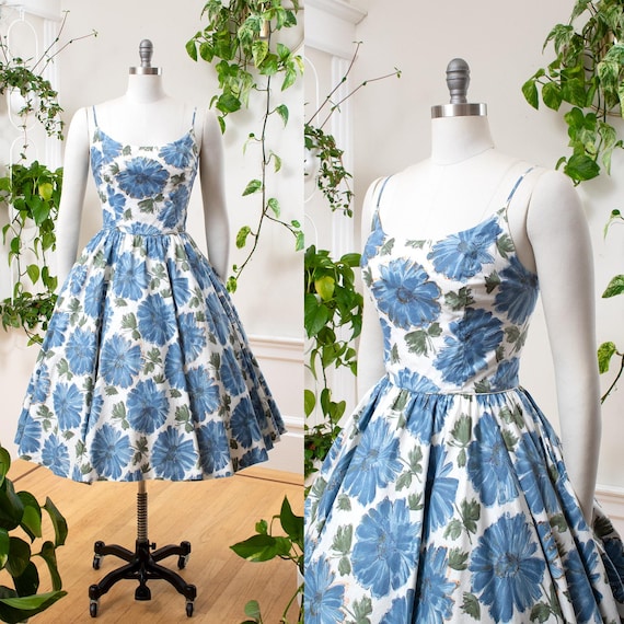 blue floral day dress Casual Blue Midi Summer Dress with Floral Print Blue Floral / Large