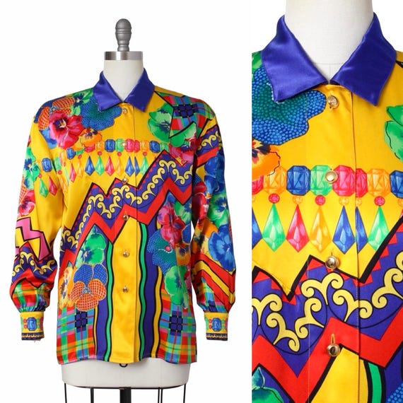 Escada, Vintage 1990s ESCADA Blouse | 90s Silk Gem Floral Novelty Print Button Down Long Sleeve Dressy Designer Blouse | medium/large