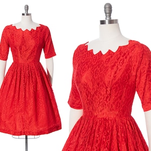 Vintage 1950s Party Dress 50s Red Lace Zig Zag Neckline Fit and Flare Full Skirt Formal Evening Holiday Dress medium image 1