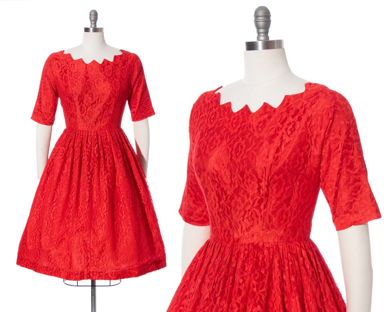Vintage 1950s Party Dress 50s Red Lace Zig Zag Neckline Fit and Flare Full Skirt Formal Evening Holiday Dress medium image 1