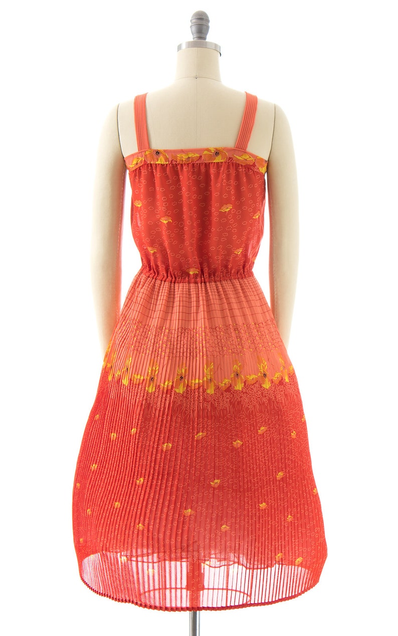 75 DRESS SALE /// Vintage 1980s Sundress 80s Poppy Floral Printed Orange Pleated Skirt Fit and Flare Day Dress xs/small image 4