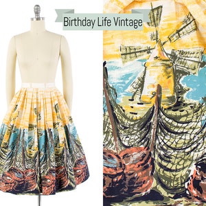 Vintage 1950s Skirt | 50s Windmill Seascape Novelty Border Print Cotton Full Swing Skirt (x-small)