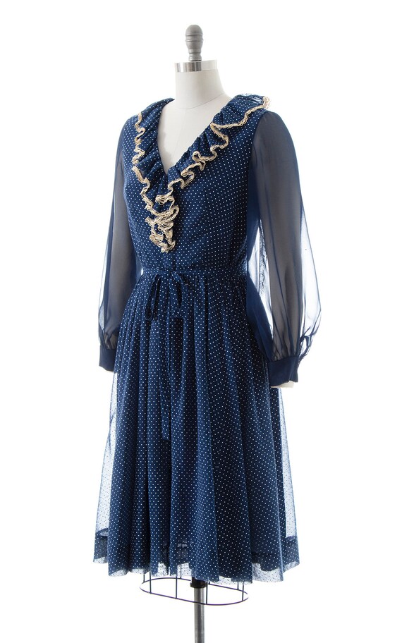 Vintage 1970s Dress | 70s Polka Dot Navy Blue Cot… - image 3